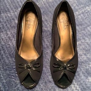 Navy blue peep toe low heel shoes